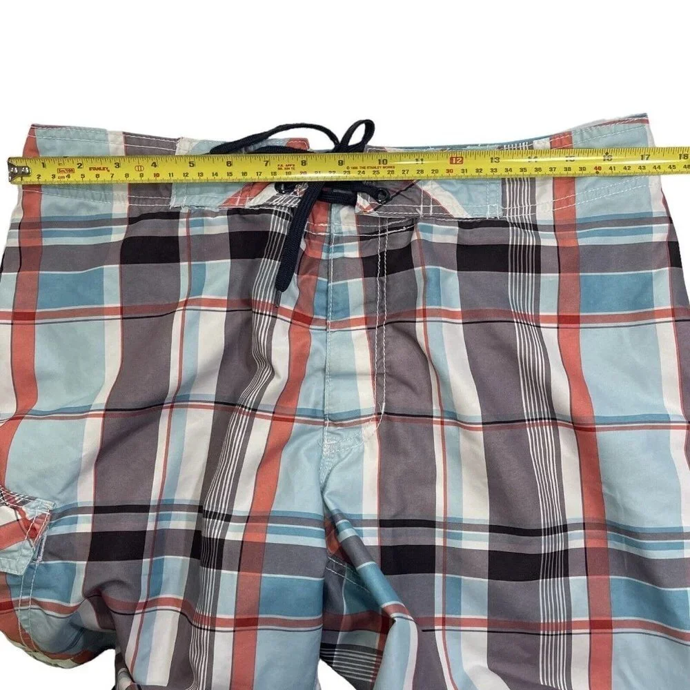 Vintage OLD NAVY Men's Plaid Swim Trunks Board Shorts Size Medium Grey Blue Pckt